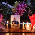 A memorial to Georgian luge athlete Nodar Kumaritashvili beside the Olympic Rings in Whistler Village, Vancouver, Canada. 
Kumaritashvili died following a crash on a training run at the centre.
In a call home shortly before he was thrown from his luge and killed, Kumaritashvili told his father that he was afraid of the brand-new, lightning-quick track in Whistler.
(Image: Andrew Milligan/PA Archive/Press Association Images)
