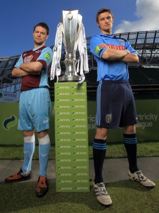 rian Gannon of Drogheda United and Michael Leahy of UCD at the Aviva Stadium.