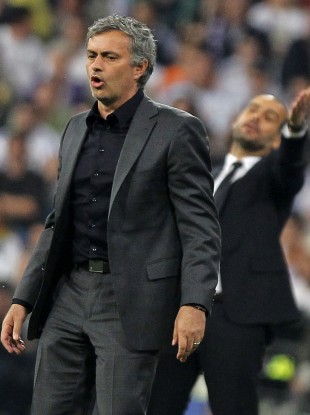 Jose Mourinho on the sideline with Pep Guardiola, before his sending off.