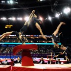 In this composite image created from seven separate exposures Great Britain's Rebecca Tunney competes on the vault during the Visa Artistic Gymnastics Olympic test event at the Greenwich Arena.