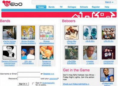 The Bebo.com homepage, circa 2007. Last night the site went down - possibly forever.