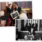 The Taoiseach is presented with a picture of Garret FitzGerald addressing the US Congress in 1984.