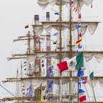 Many of the different flags belong to some of the Tall Ships that are taking part in the Tall Ships Festival.The Festival takes place around the Dublin Docklands running until the 26th August.
Photo:Leon Farrell/Photocall Ireland.