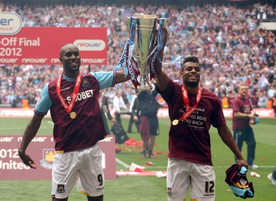 West Ham's Carlton Cole and Ricardo Vaz Te celebrate promotion back to the Premier League.