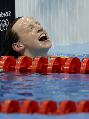 United States' Katie Ledecky reacts after her gold medal win in the women's 800-meter freestyle swimming final at the Aquatics Centre