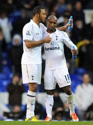 Tottenham Hotspur's Jermain Defoe and Mousa Dembele (left) celebrate victory after the final whistle.