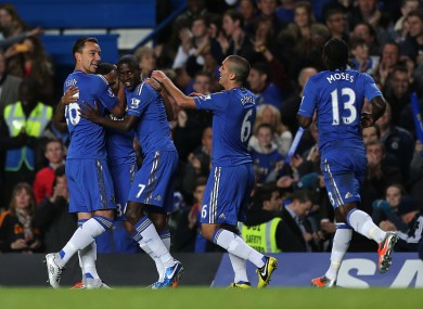 Chelsea's Ryan Bertrand (second from left) celebrates scoring his side's second goal with John Terry (left) and his other team-mates.