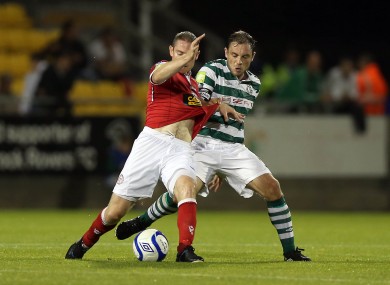 Shelbourne's Glenn Cronin shields the ball from Stephen Rice of Shamrock Rovers during the sides' meeting at Tallaght Stadium last week.