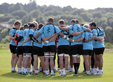 The Ulster players huddle during training yesterday.
