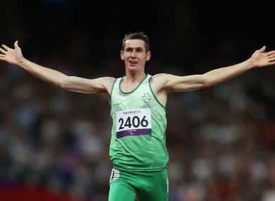 Ireland's Michael McKillop celebrates winning Gold in the Mens 1500m - T37 at the Olympic Stadium, London.