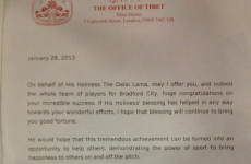 Dalai Lama sends letter offering ‘good fortune’ to Bradford ahead of League Cup final