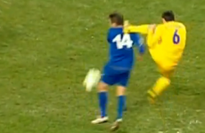 Ukrainian player’s flying kung-fu head kick is as clear a red card as you’ll see