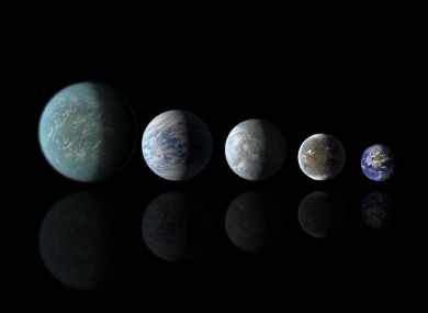 Relative sizes of Kepler habitable zone planets discovered as of 18 April 2013. Left to right: Kepler-22b, Kepler-69c, Kepler-62e, Kepler-62f, and Earth.