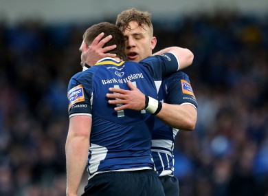 Ian Madigan congratulates try-scorer Andrew Conway.
