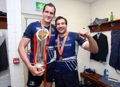 Devin Toner and Kevin McLaughlin celebrate Leinster's league win.
