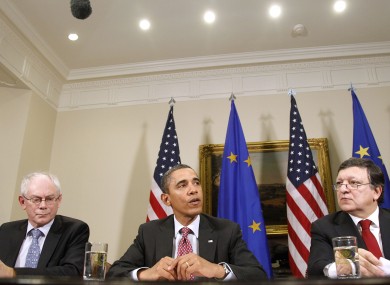 File photo of President Barack Obama, flanked by European Council President Herman Van Rompuy, left, and European Commission President Jose Manuel Barroso.
