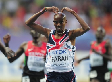 Mo Farah celebrates his 5000m win.