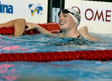 Ireland's Fiona Doyle celebrates qualifying for the semi-final of the Women's 50m Breaststroke.