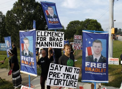 Supporters of Bradley Manning at the gates at Fort Meade where he was sentenced today.
