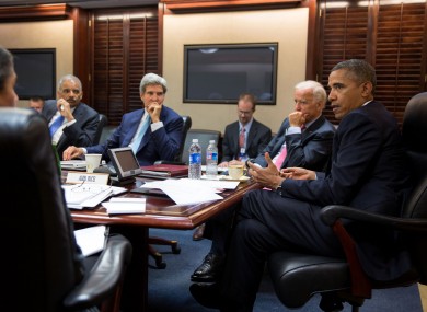 President Barack Obama meets with his National Security Staff to discuss the situation in Syria, in the Situation Room of the White House, Aug. 30, 2013.