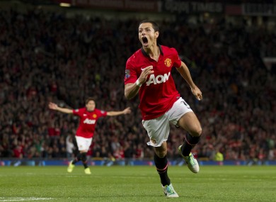 Manchester United's Javier Hernandez celebrates after scoring against Liverpool.