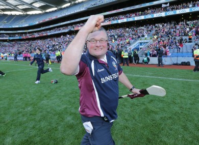 Galway camogie manager Tony ward celebrates at the final whistle.