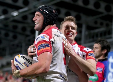 Dan Tuohy celebrates his second try with Andrew Trimble.