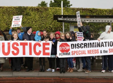 Parents of ill children and supporters outside Our Lady's Children's Hospital, Crumlin, Dublin this afternoon.