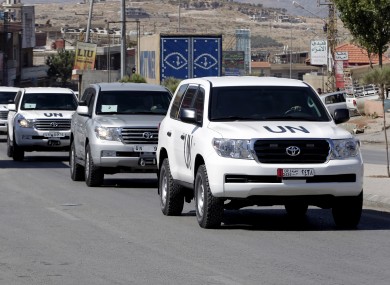 A convoy of inspectors prepares to cross into Syria at the Lebanese border last Tuesday